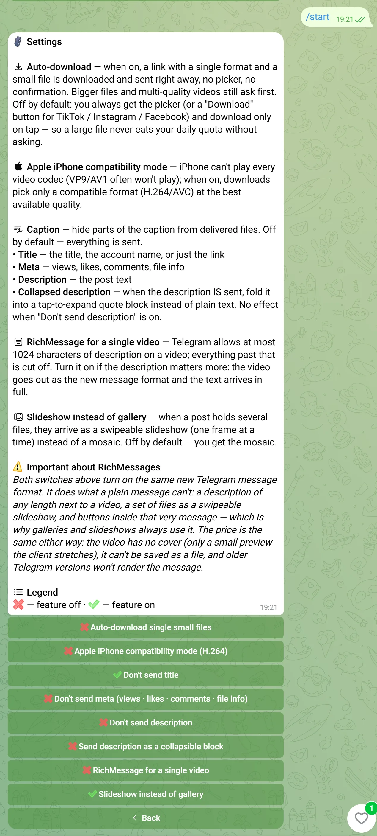 The bot's Settings screen with its toggles.