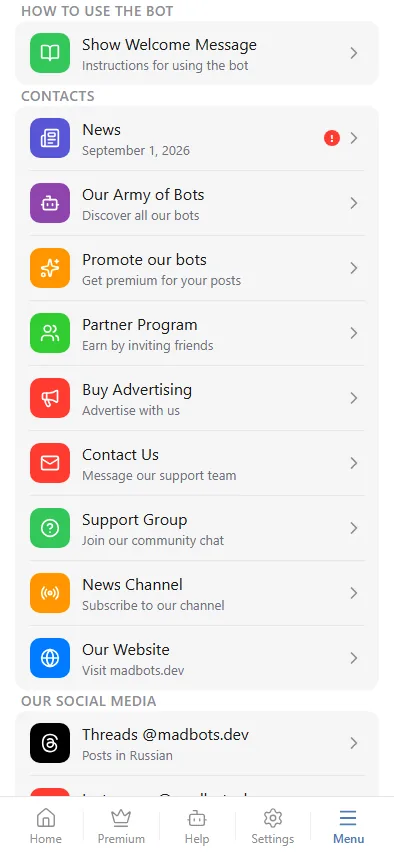 Menu tab: how to use the bot and contacts