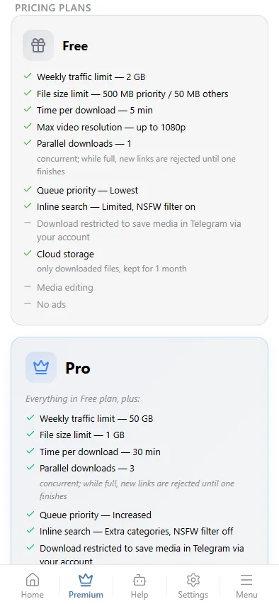 Plan cards in the Mini App