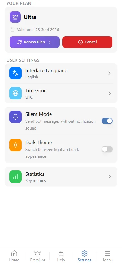 Settings: plan and account settings